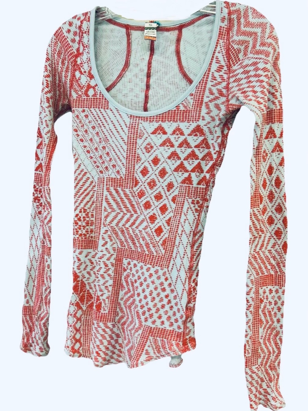 Free People Patchwork Thermal Knit Top Coral Boho Long Sleeve M